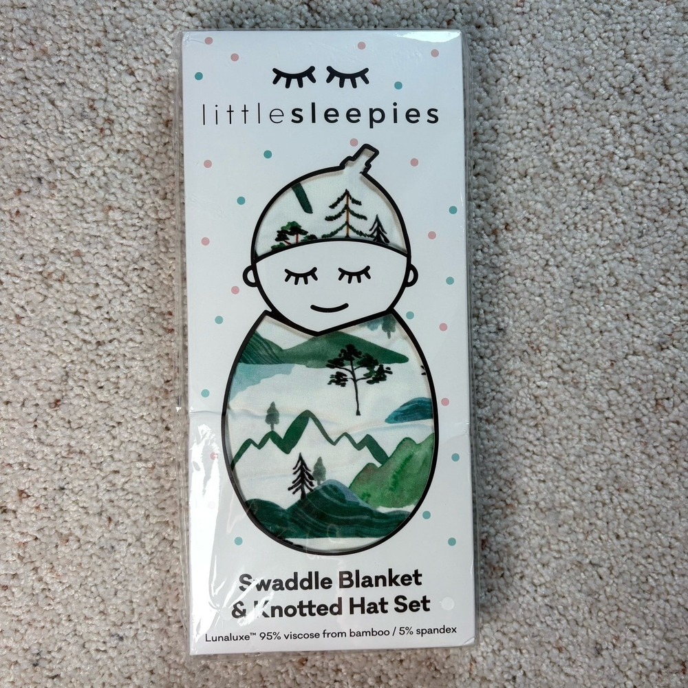 Little sleepies Mountain Mist Bamboo Swaddle and Hat set  New In Box